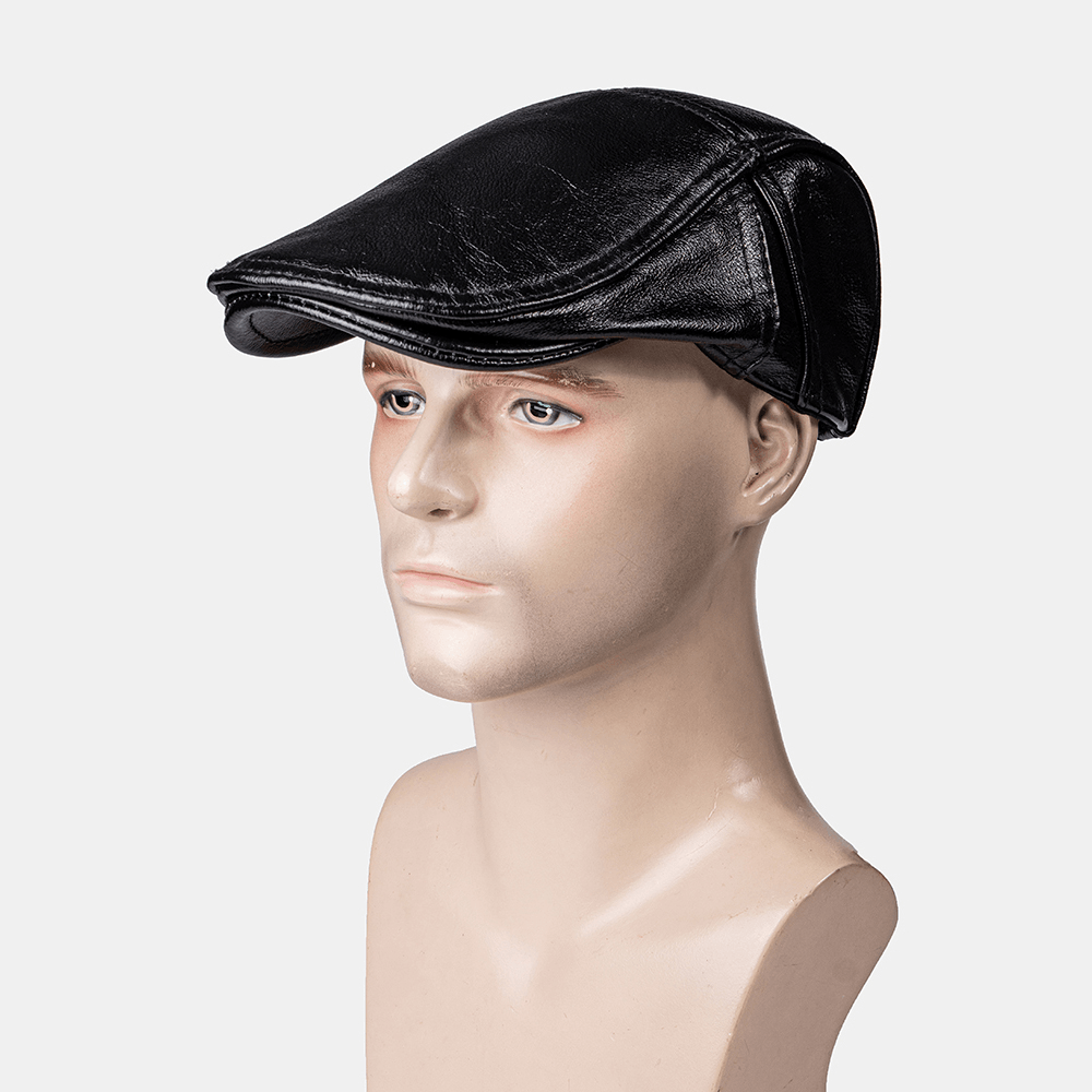 Men Genuine Leather plus Thick Keep Warm Casual Forward Hat Beret Hat - MRSLM