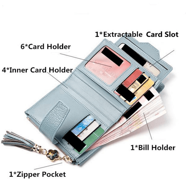 Women Casual Genuine Leather Purse 19 Card Slot Tassel Short Wallet - MRSLM