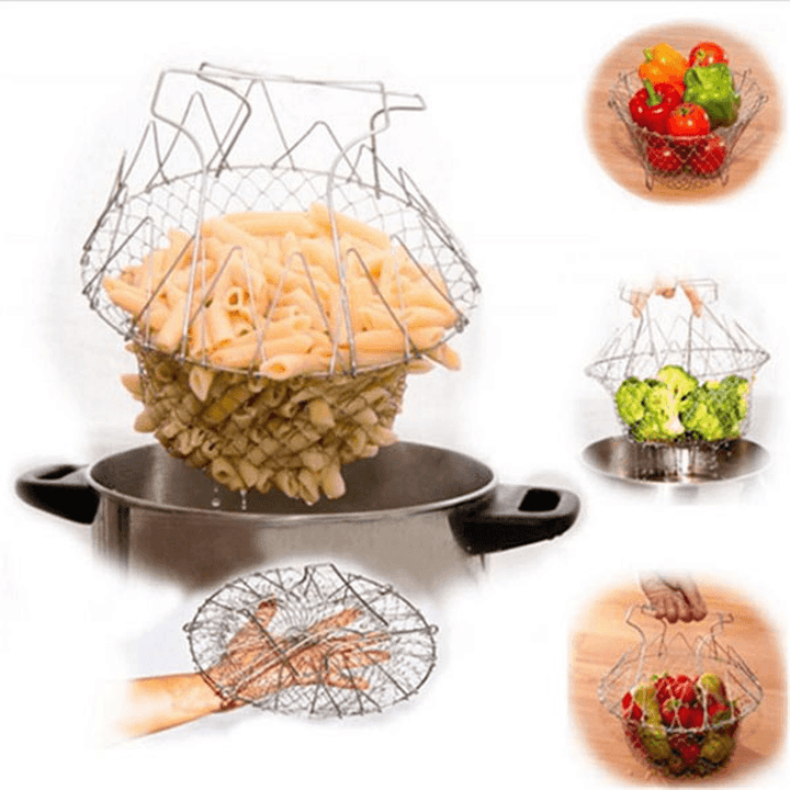 Stainless Steel Foldable Basket Fried Potato Chips Strainer Outdoor BBQ Picnic Storage Baskets - MRSLM