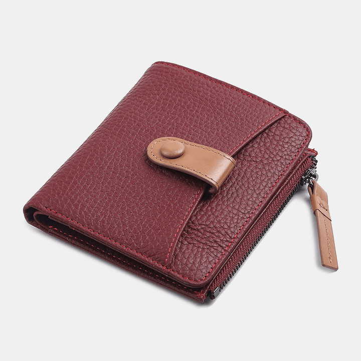 Women Genuine Leather Bifold Hasp Zipper Multifunction Coin Purse Money Clip Short Wallet - MRSLM