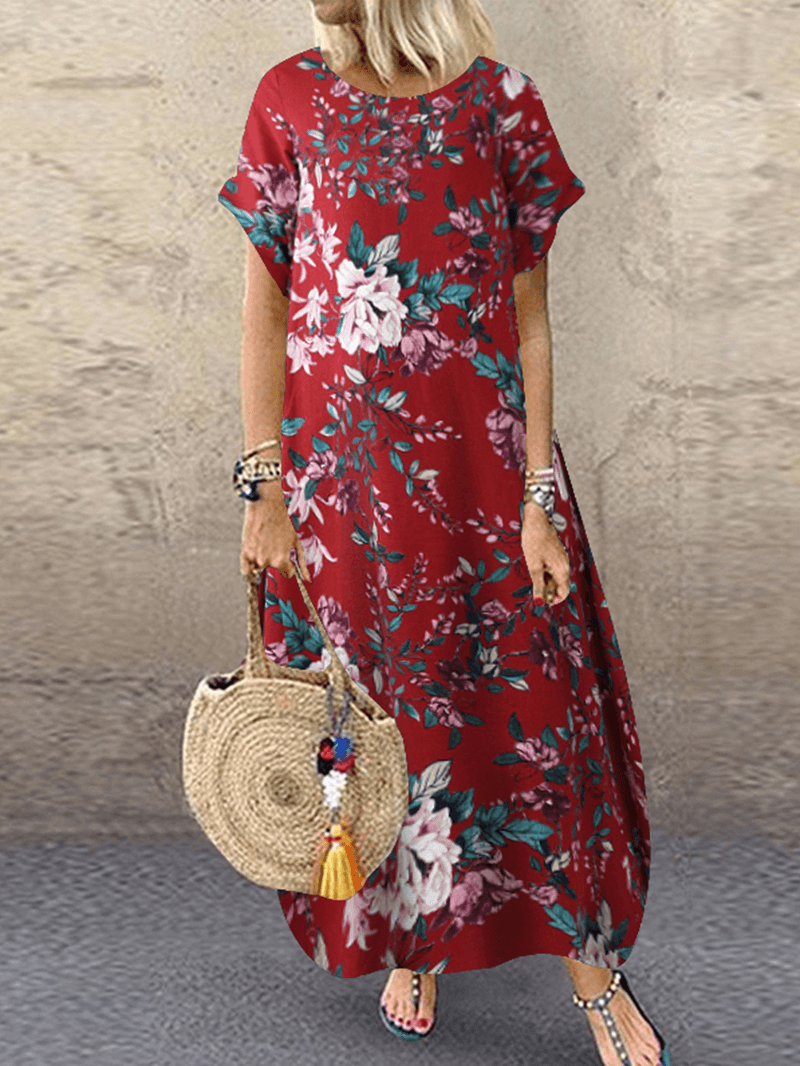 Women 100% Cotton O-Neck Floral Print Leisure Dress with Side Pockets - MRSLM