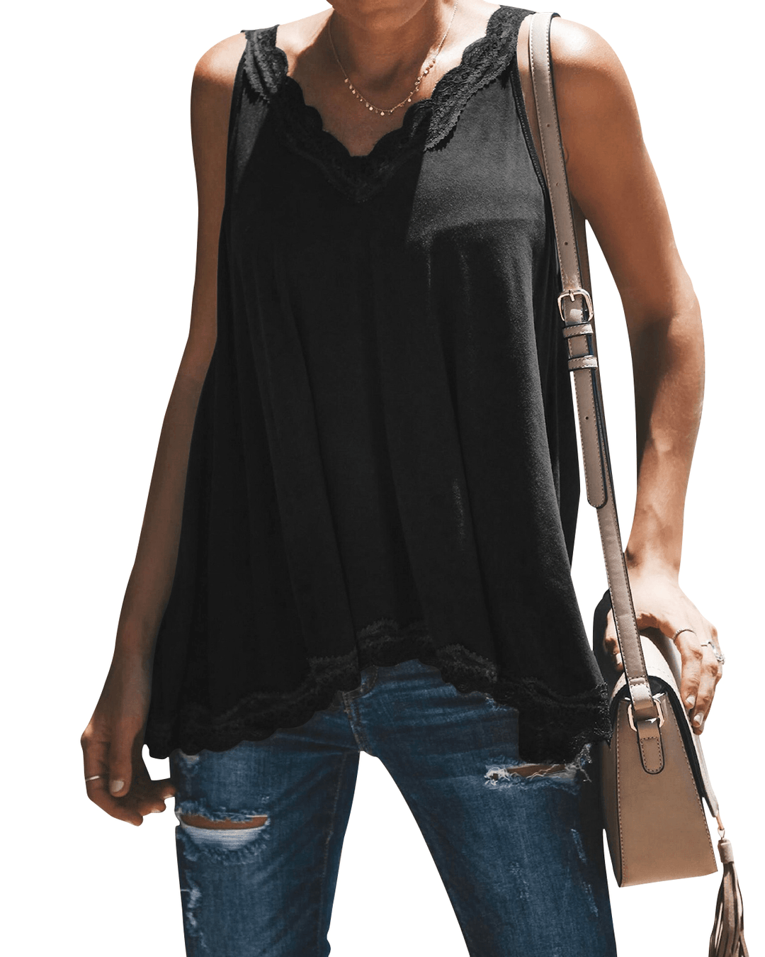 Casual Summer V-Neck Lace Patchwork Sleeveless Tank Top - MRSLM