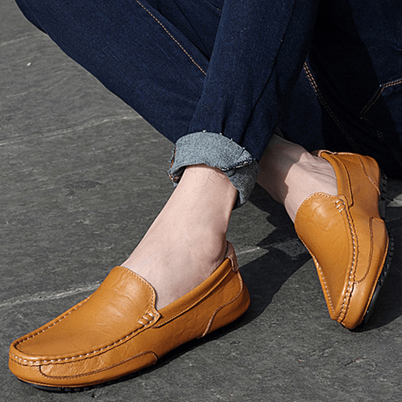 Men Leather Casual Driving Slip on Outdoor Flat Soft Comfortable Loafers Shoes - MRSLM