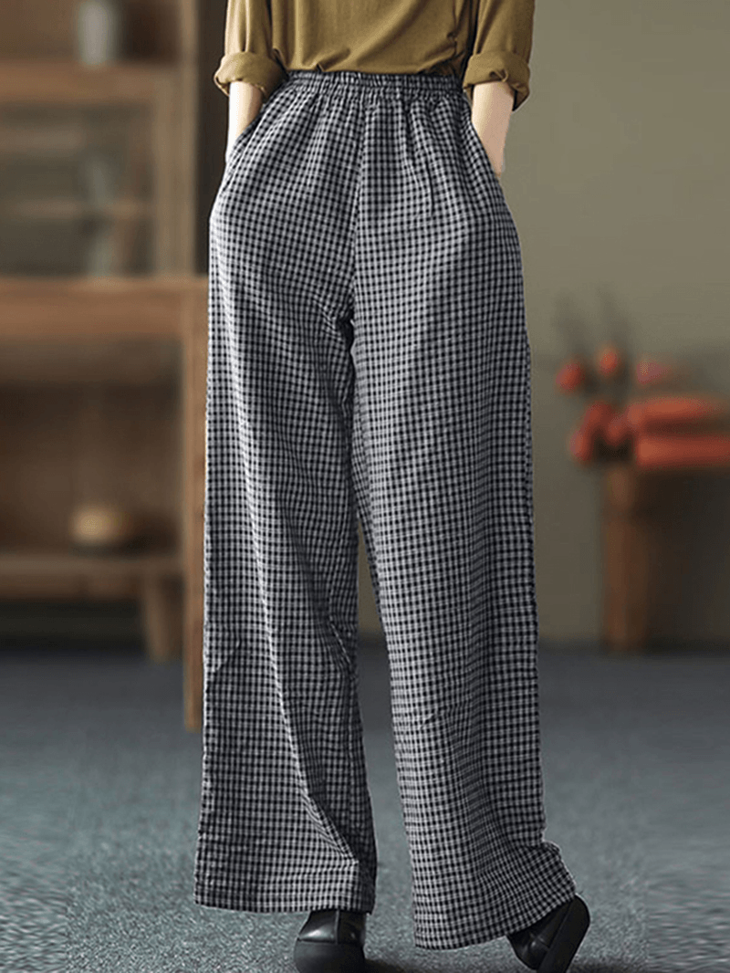 Women Plaid Wide-Legged Elastic Waist Side Pocket Ankle Length Loose Pants - MRSLM