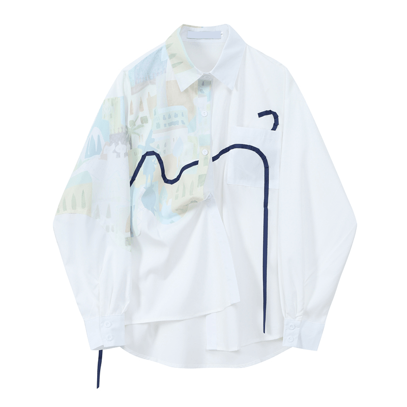 Irregular Streamer Design for Women with Printed Long-Sleeved Shirt - MRSLM