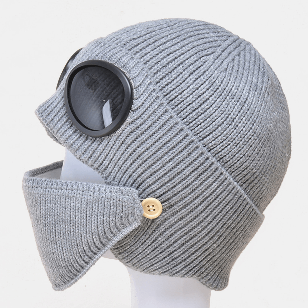 Unisex plus Velvet Thick Warm Neck Face Ear Protection Headgear Knitted Hat Mask Pilot Glasses - MRSLM