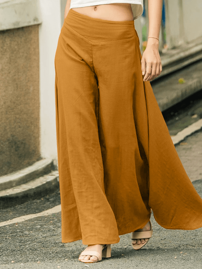 Women High Elastic Waist Solid Color Wide Leg Pants - MRSLM