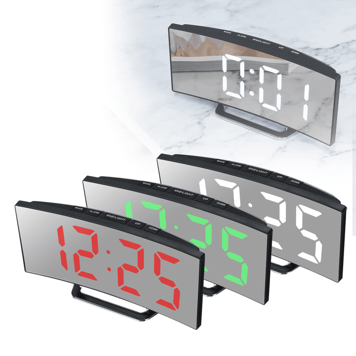 Curved LED Digital Alarm Clock Mirror Table Display Temperature Snooze USB Room - MRSLM