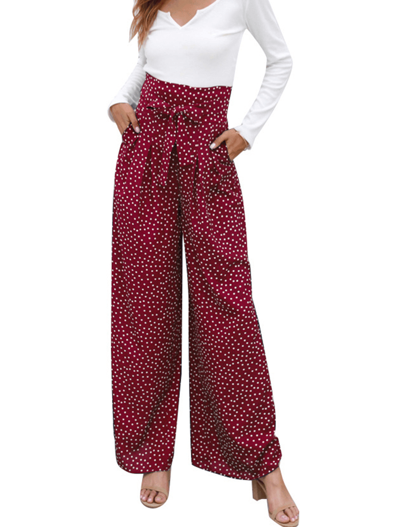 Casual Polka Dot Print High Waist Bow Wide Pants with Pocket - MRSLM