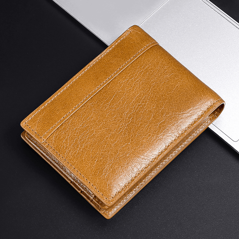 Men Genuine Leather RFID Anti-Theft Brush Multi-Card Slot Card Holder Coin Purse Money Clip Cowhide Wallet - MRSLM