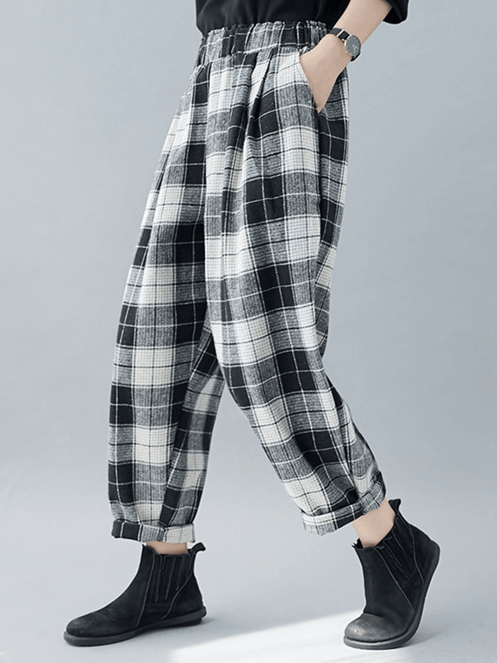 Women Plaid Color Block Elastic High Waist Side Pocket Harem Pants - MRSLM