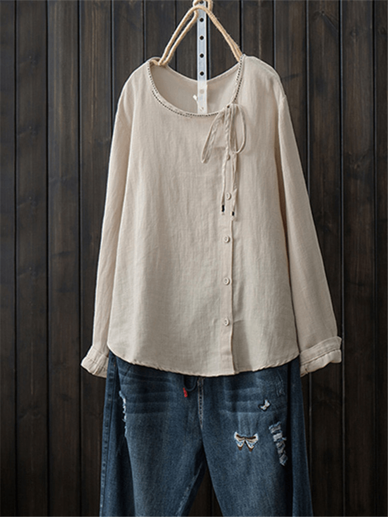 Women Button Crewneck Cotton Vintage Blouse - MRSLM