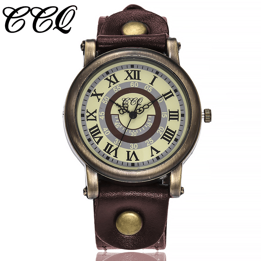 Vintage Turntable Roman Numeral Dial Cowhide Strap Women Wrist Watch Quartz Watch - MRSLM