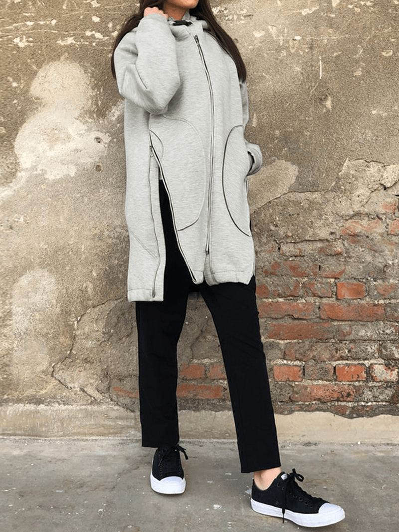 Solid Color Zipper Side Split Long Sleeve Coats - MRSLM