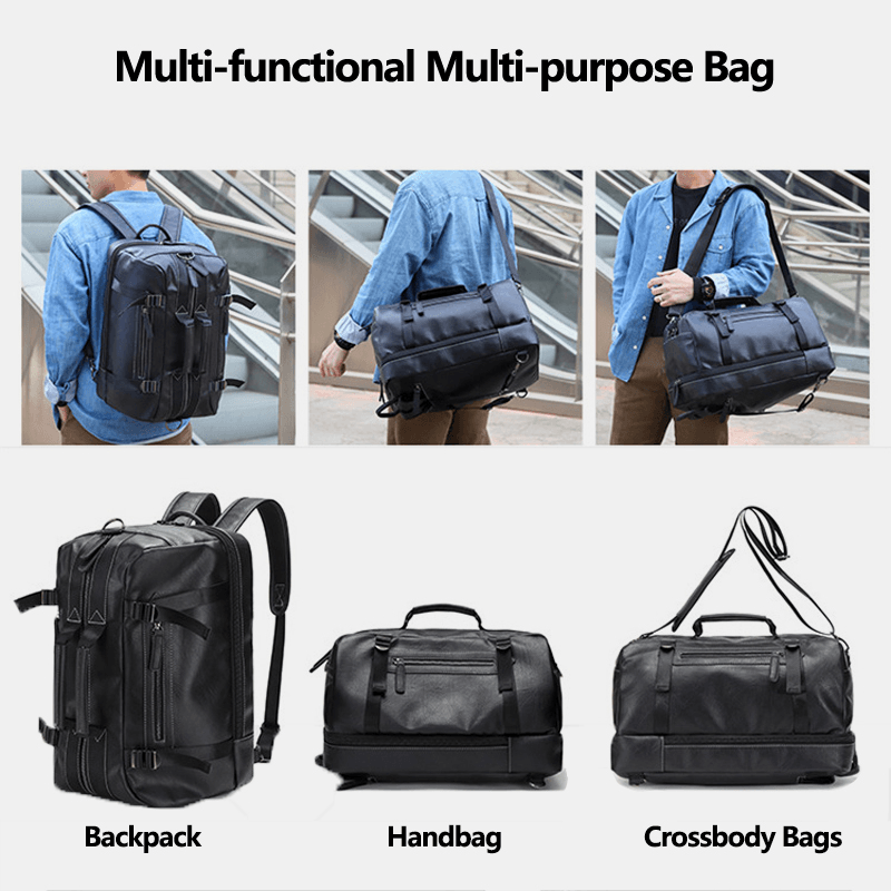 Men Multi-Purpose PU Leather Backpack 15.6 Inch Large Capacity Multi-Pocket Laptop Bag Handbag Crossbody Bags - MRSLM