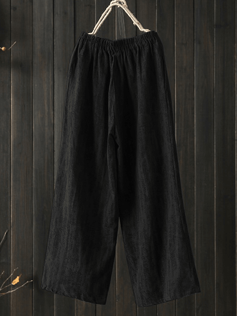 Women High Elastic Waist Loose Cotton Wide Leg Pants with Pockets - MRSLM