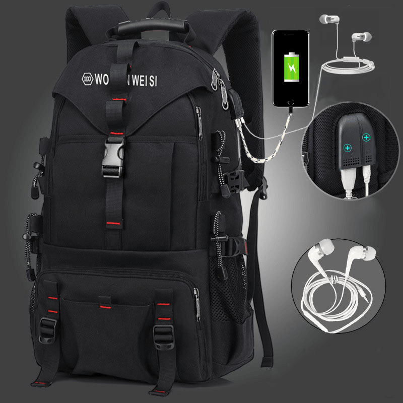 Men Large Capacity Outdoor Waterproof USB Charging Multi-Pocket 14 Inch Laptop Bag Travel Climbing Backpack - MRSLM