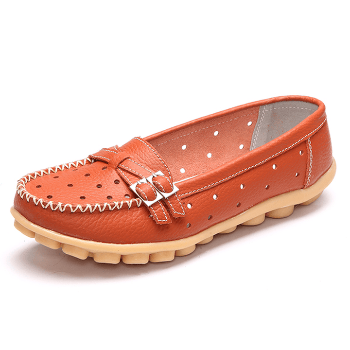 Women Flat Hollow Out Casual Soft Leather Slip on round Toe Loafers - MRSLM