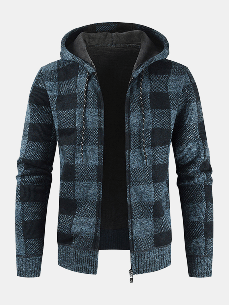 Mens Vintage Plaid Warm Zipper Warm Hooded Sweater Jacket - MRSLM