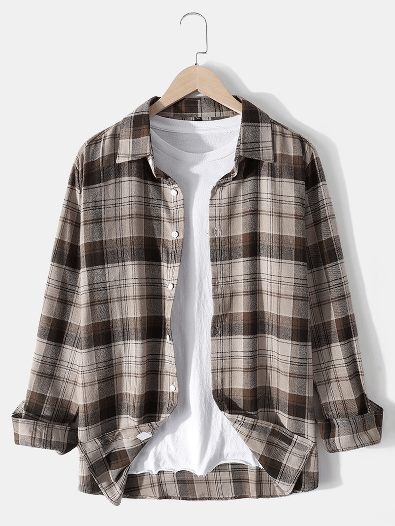 Mens Cotton Plaid Lapel Button up Long Sleeve Shirts - MRSLM