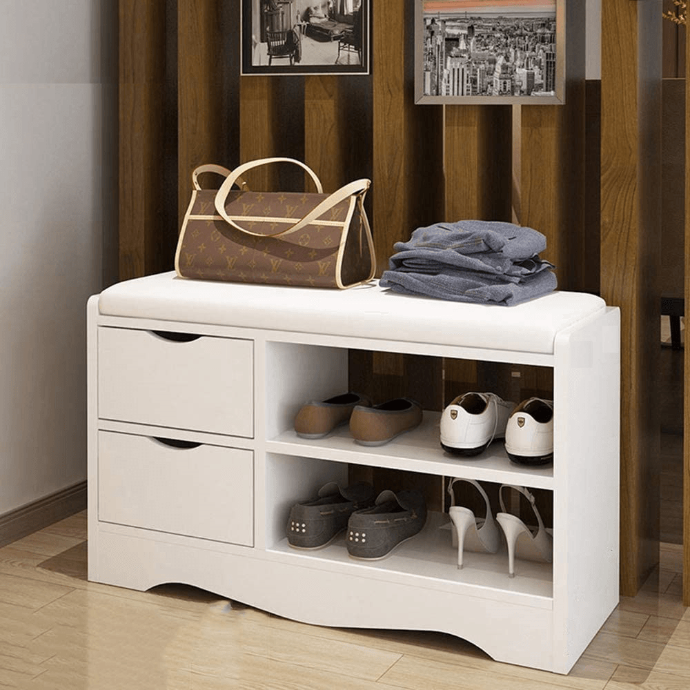 2 Layers Shoe Rack Shoes Bench Storage Cabinet Shoe Organizer Multifunctional Wooden Seat Stool with 2 Drawers - MRSLM