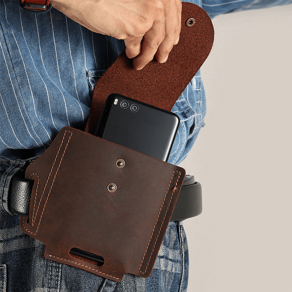 Men Genuine Leather Wear-Resistant Outdoor Sport 6.5 Inch Phone Bag Retro Cover Hasp Waist Bag Belt Bag - MRSLM