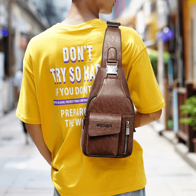 Men PU Leather Multifunctional Large Capacity Waterproof 6.5Inch Phone Bag Chest Bag Crossbody Bags - MRSLM