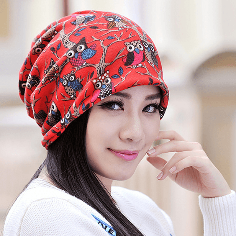 Womens Owl Pattern Slouchy Baggy Beanie Cap Scarf Multi-Function Double Layers Windproof Warm Hat - MRSLM