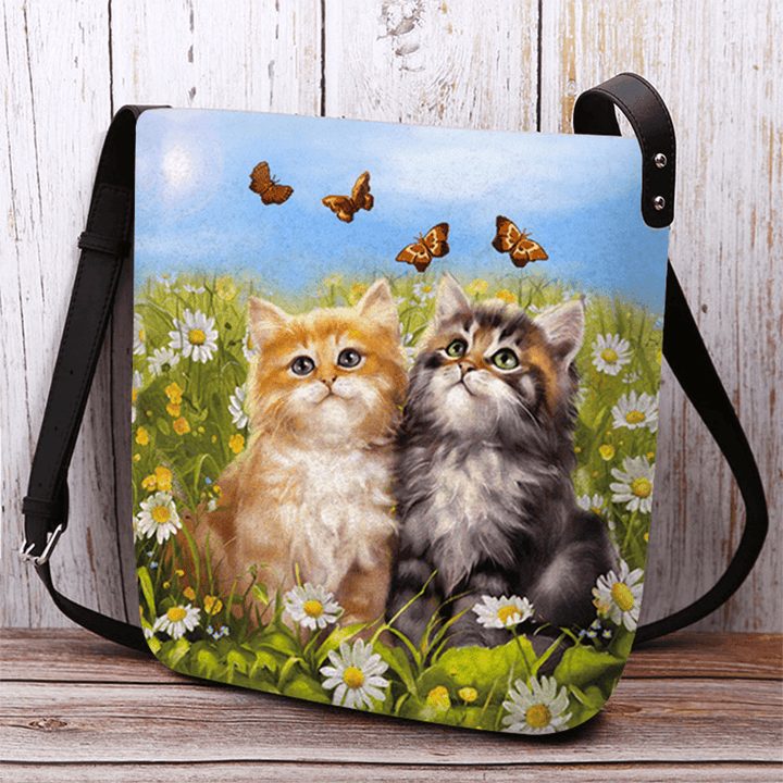 Women Felt Country Style Cartoon Cats Print Personality Crossbody Bag Shoulder Bag - MRSLM