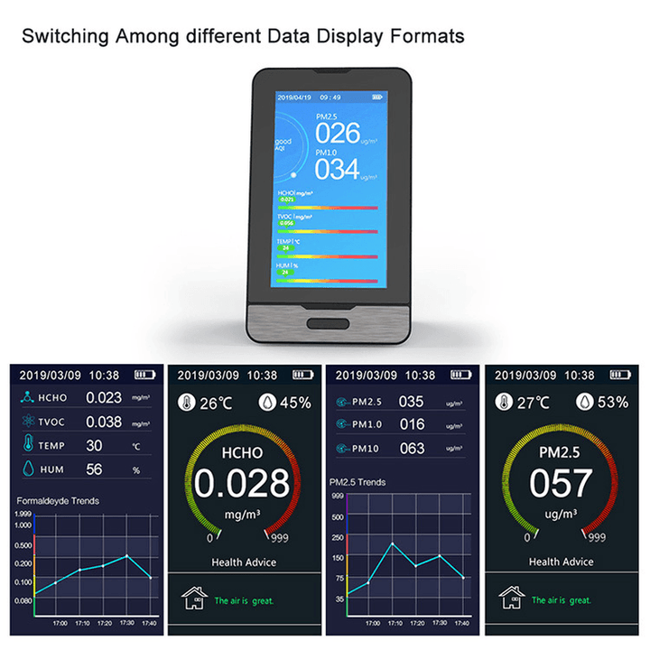 PM2.5 PM1.0 PM10 Temperature Humidity Air Quality Monitor 4.3 Inch LED Display Intelligent HCHO TOVC Gas Detector - MRSLM