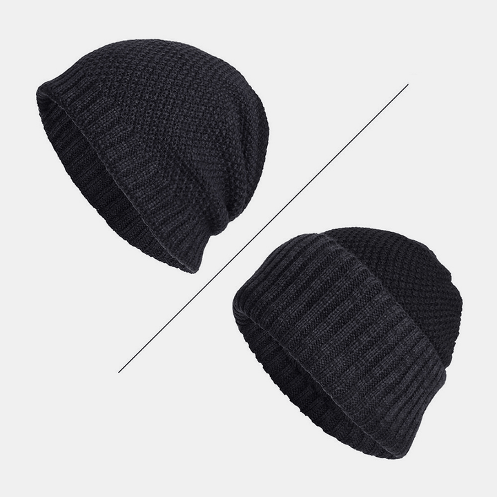 Men Polyester Cotton Autumn Winter plus Velvet Warmth Dual-Use Two-Color Knitted Hat Beanie Hat - MRSLM