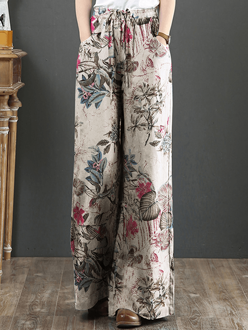 Cotton Women Palnt Floral Print Pocket Drawstring Elastic Waist Retro Wide Leg Pants - MRSLM