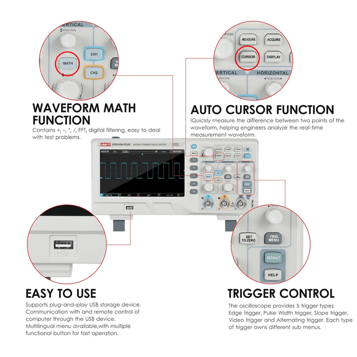 UNI-T Utd2102E plus Digital Oscilloscope with 7-Inch LCD Display Scopemeter with 100Mhz Bandwidth 2 Channels 500MS/S Real Time Sample Rate 64Kpts Depth Storage - MRSLM