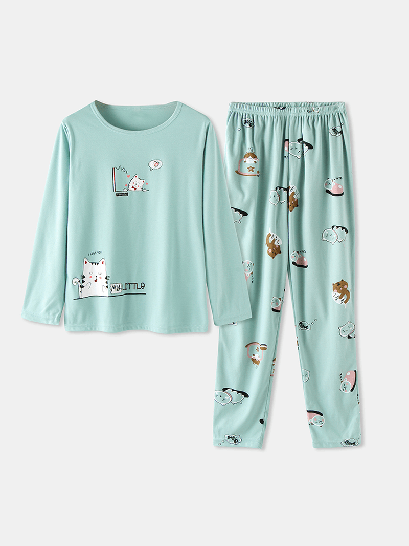 Women Cute Cartoon Animal Print Long Sleeve Pocket Elastic Waist Home Pajama Set - MRSLM