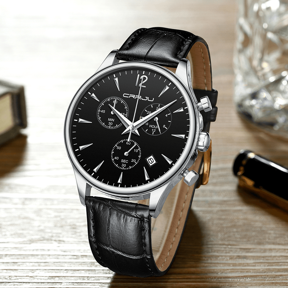 CRRJU 2272 Fashion Leather Strap Japan Movement Calendar Waterproof Men Quartz Watch - MRSLM