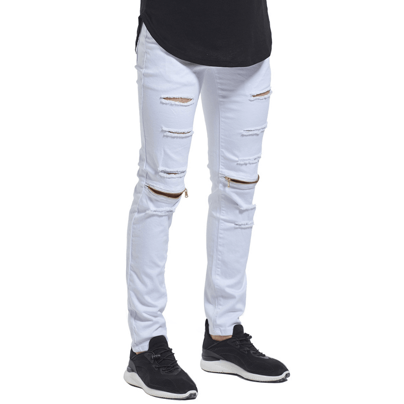 Skinny Hip Hop Ripped Knee Zipper Jeans - MRSLM