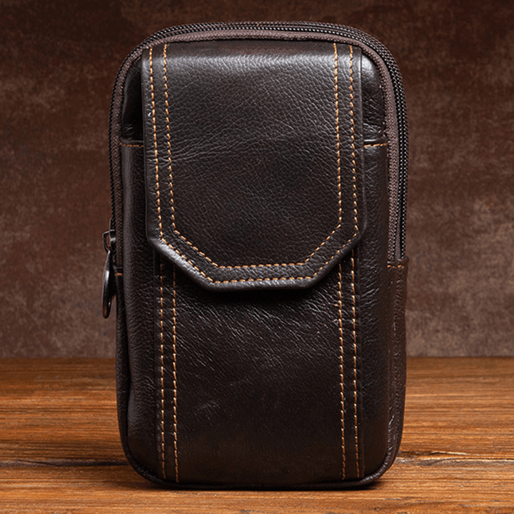 Men Genuine Leather Multifunction 6.5 Inch Phone Bag Retro Large Capacity Cigaret Case Pocket Belt Bag Waist Bag - MRSLM