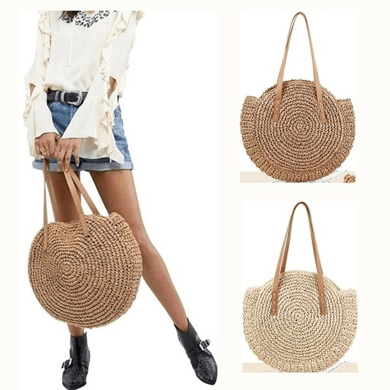 Women Leisure round Straw Bag Woven Beach Bag Shoulder Bag - MRSLM