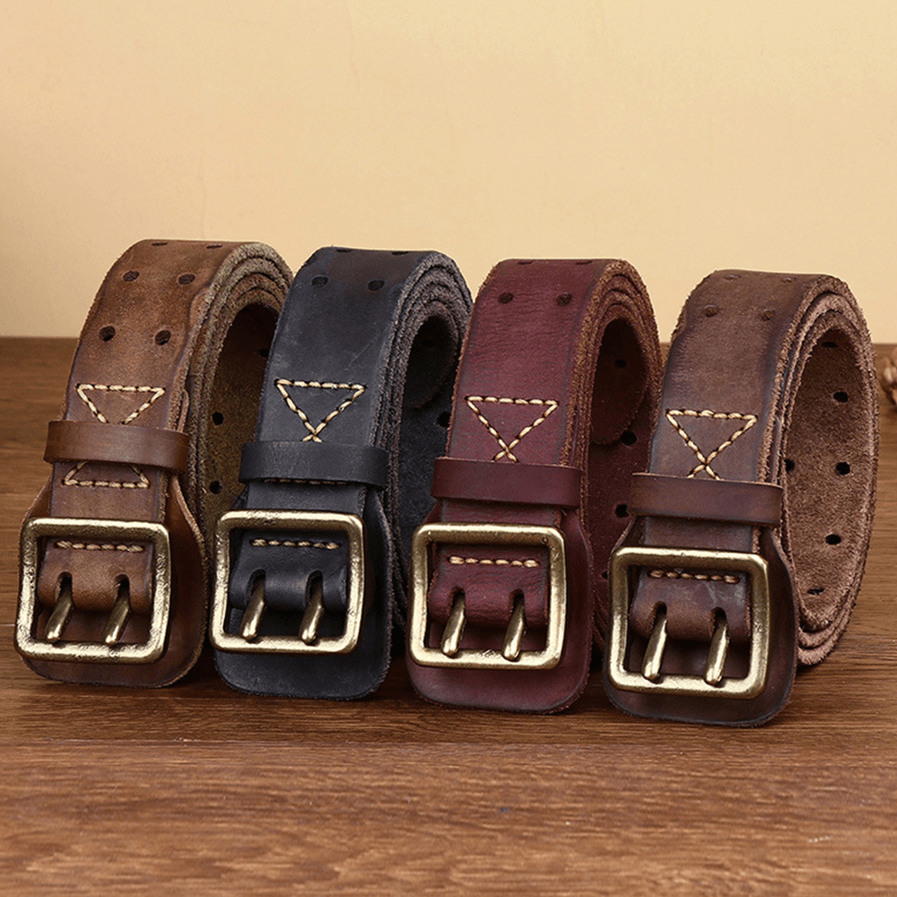 Men Genuine Leather Hollow 120CM Anti-Allergic Double Pin Buckle Breathable Jeans Suits Belt - MRSLM