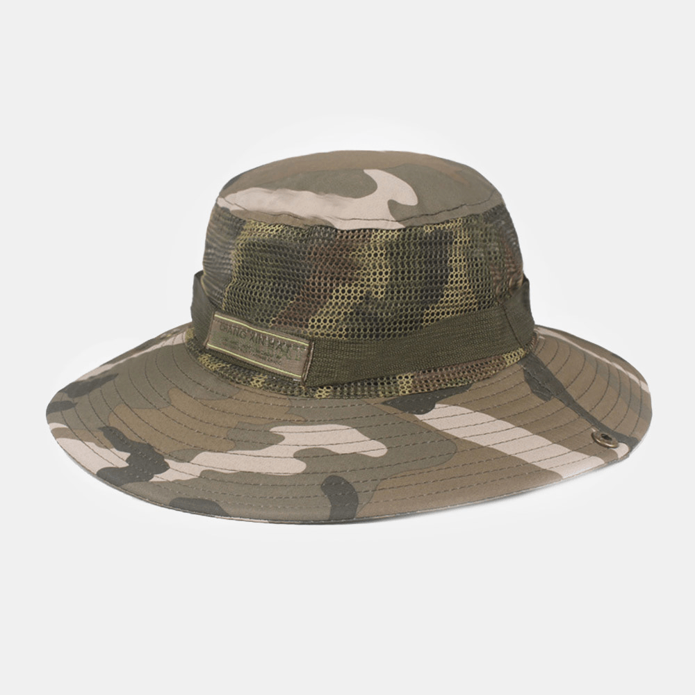 Men Camouflage Mesh Breathable Big Brim Outdoor Mountaineering Sunshade Bucket Hat - MRSLM