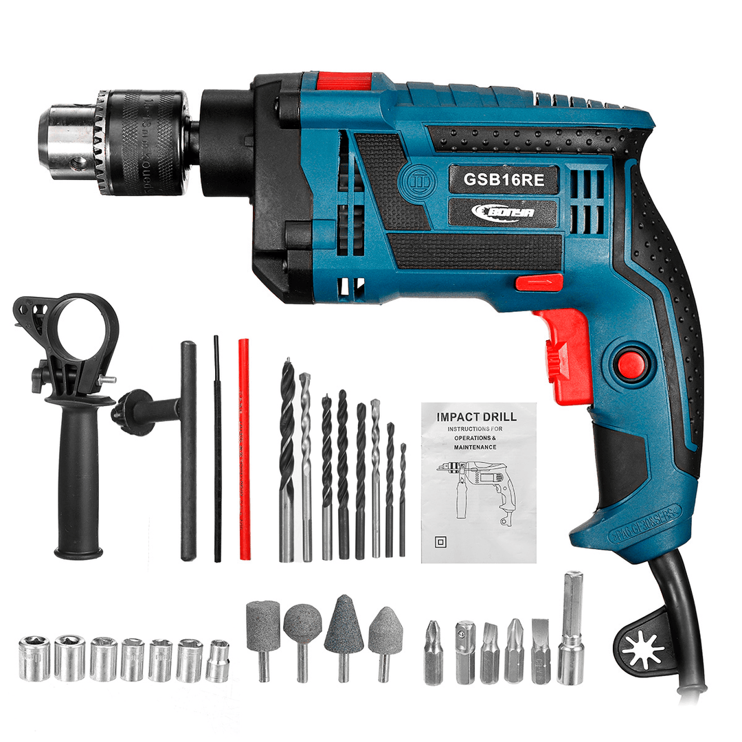 220V 1200W Electric Impact Hand Drill Bit Set Variable Speed Adjustable Woodworking Drill Power Tool - MRSLM