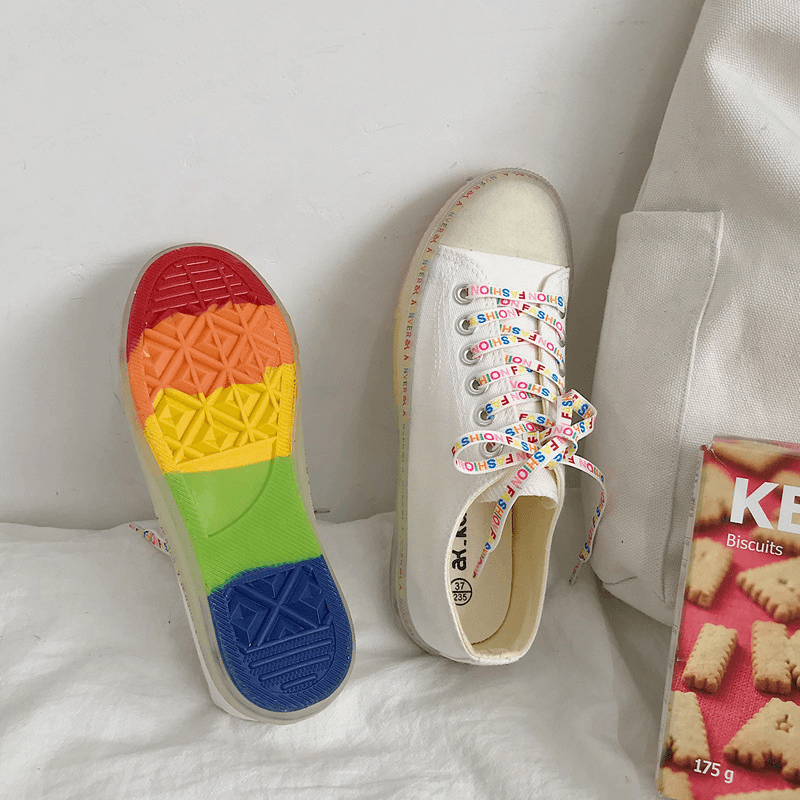 Women Canvas Low Top Rainbow Sole Casual Student Flats - MRSLM