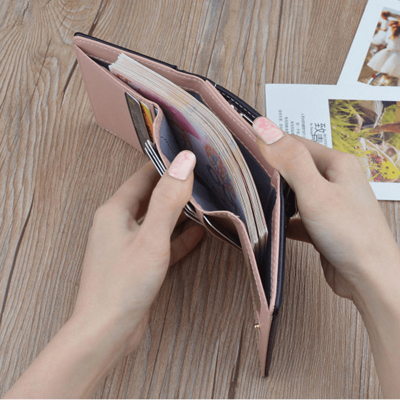 Women PU Leather Floral Clutch Short Solid Buckle Ladies Wallet Mini Portable Credit Card Purse - MRSLM