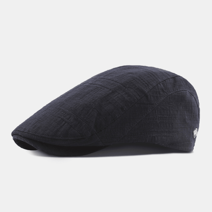 Men Short Brim Pleated Stripes Polyester Cotton Beret Cap Solid Color Metal Label Casual Flat Cap Forward Hat - MRSLM