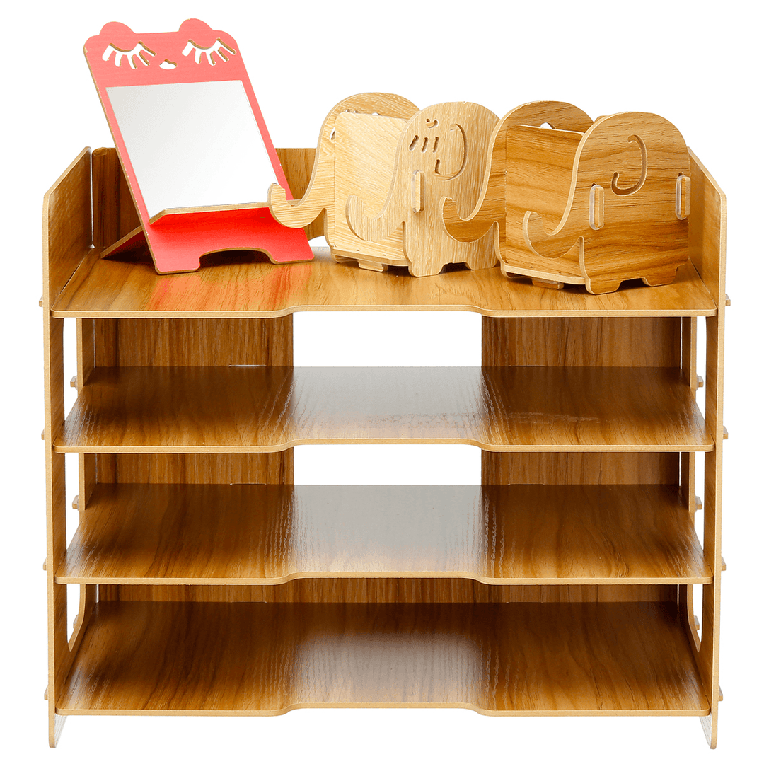 4 Layers Desktop File Organizer Wood Document Holder Letter Tray Storage Rack - MRSLM