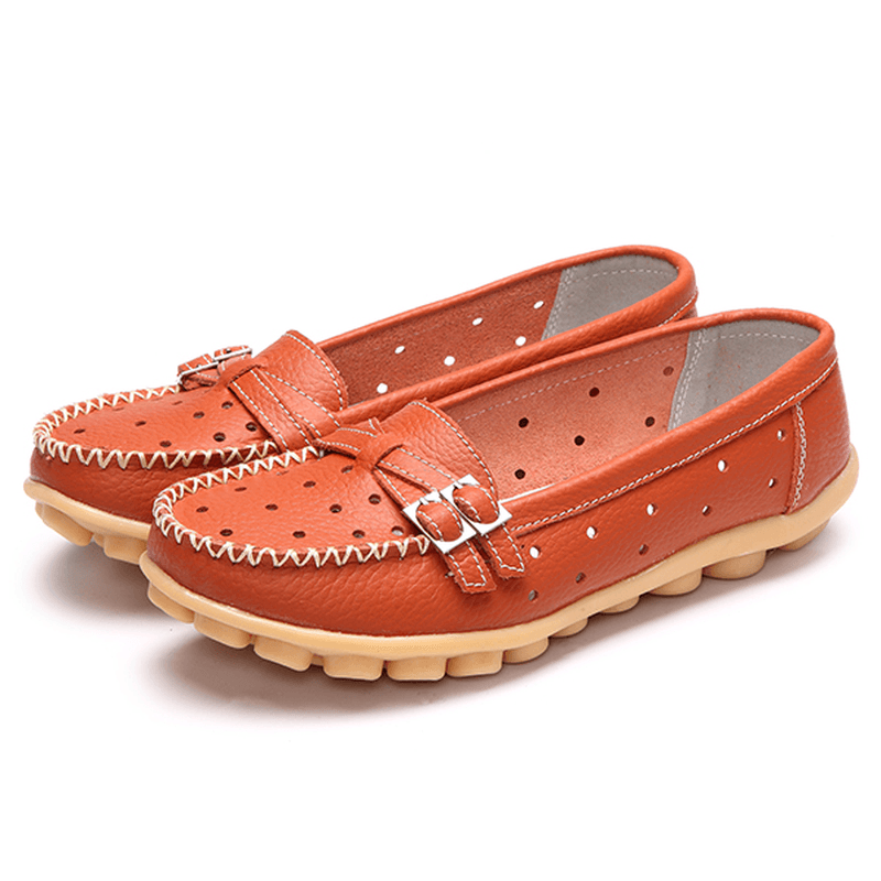 Women Flat Hollow Out Casual Soft Leather Slip on round Toe Loafers - MRSLM