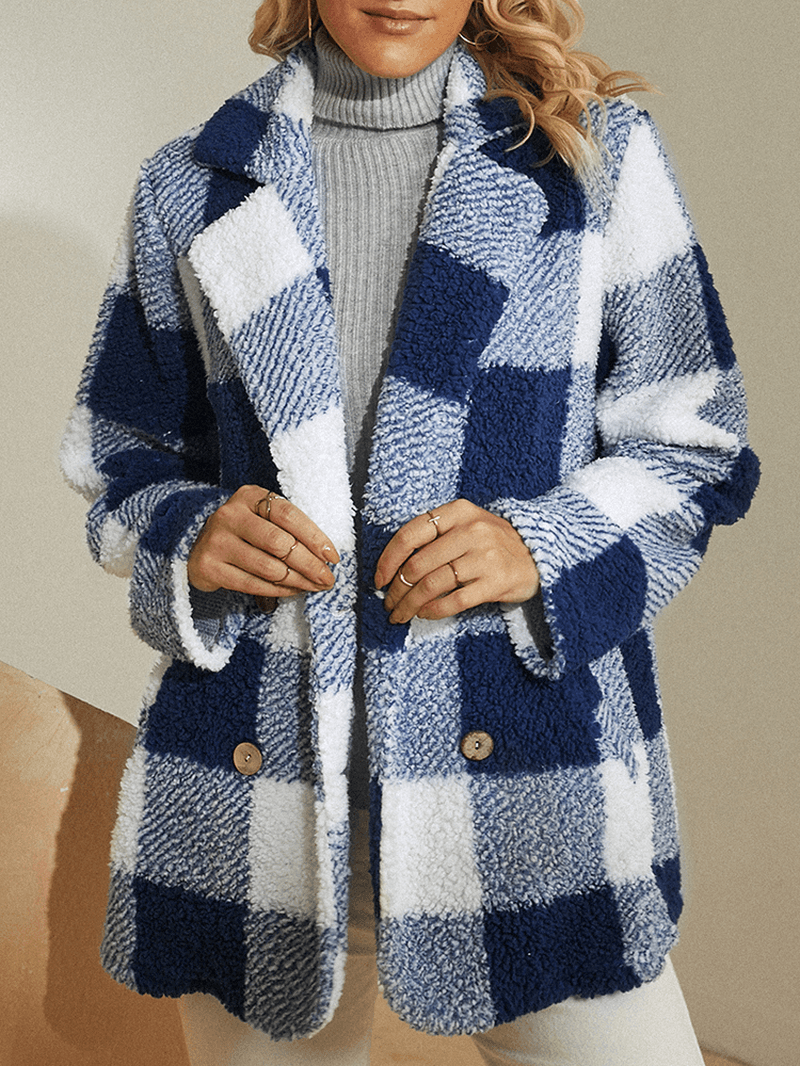 Women Plaid Warm Fluffy Plush Double Breasted Coat with Pocket - MRSLM