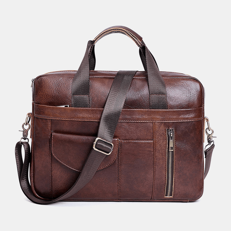 Men Multifunction Genuine Leather 15.6 Inch Laptop Bag Briefcases Retro Multi-Pocket Crossbody Bag Shoulder Bag - MRSLM