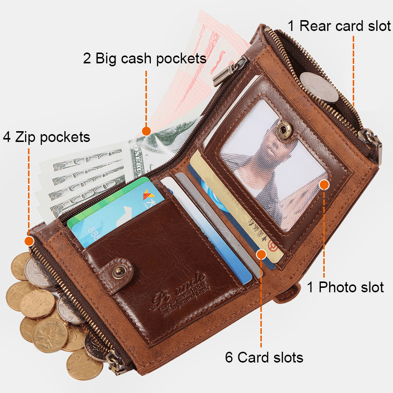 Men Bifold RFID Anti-Theft Genuine Leather Wallets Short Large Capacity Multi-Card Slot Card Holder Coin Purse Money Clip - MRSLM