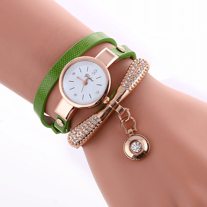 Casual Women Watch Leather Strap Rhinestone Metal Decorative Circle Pendant Multi-Layer Quartz Watch - MRSLM